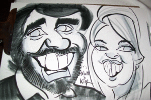 Example of a double caricature drawn in black and white by David the caricaturist