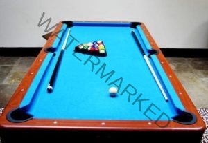 Pool Table And Two Cues With Balls In Triangle On Blue Baize