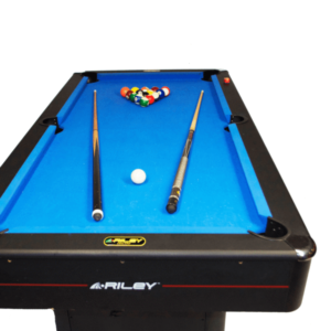 Pool Table With Black Surround And Blue Baize Set Up For Play