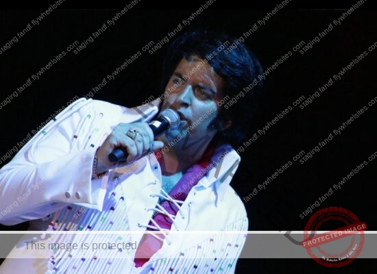 Award winning Elvis Presley tribute act performing live. He wears a white jump suit encrusted with beads and crystals.